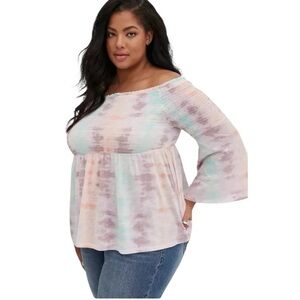 Torrid Off Shoulder Smocked Peplum Top Tie Dye Bell Sleeve Size 1X